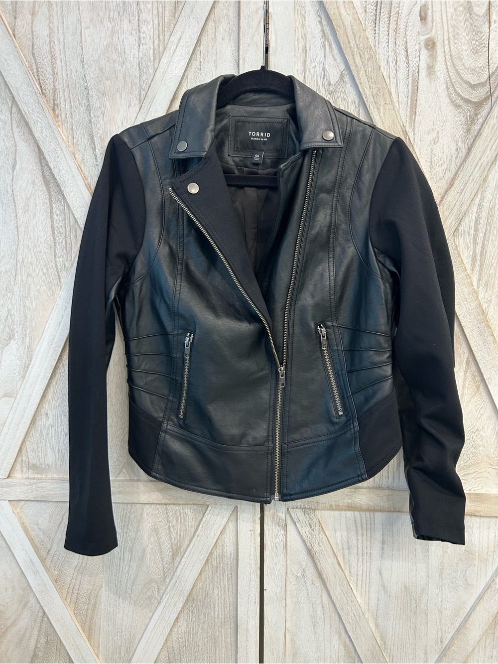 torrid Black Faux Leather Moto Jacket with Knit Sleeves - Silver Hardware